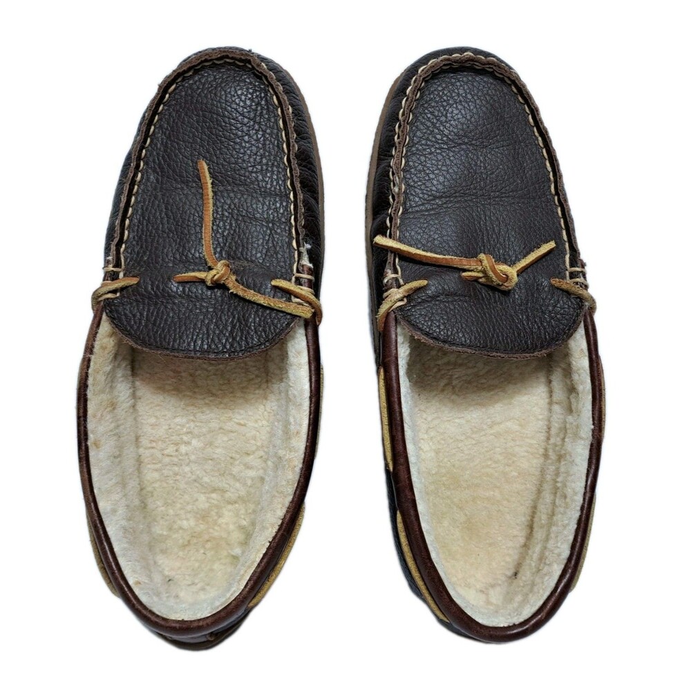 LL Bean Men's 8 Wicked Good Leather Shearling Moccasin Brown Slippers - Picture 8 of 10
